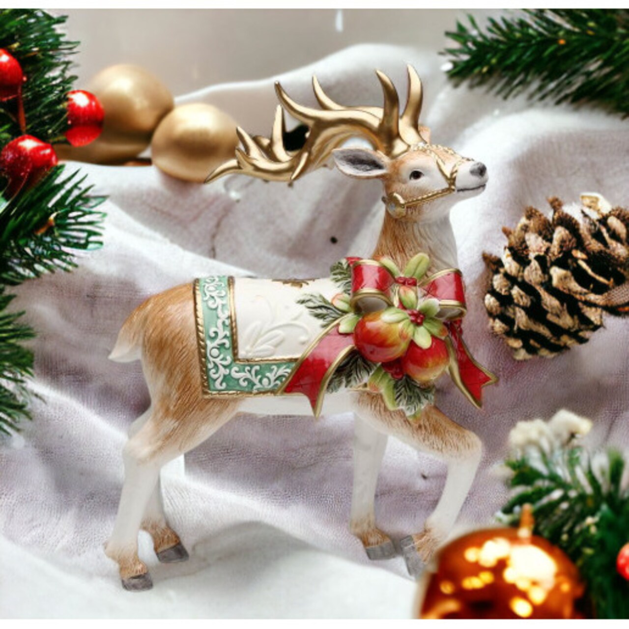 Christmas Hand Painted Ceramic Victorian Harvest Reindeer Figurine Centerpiece